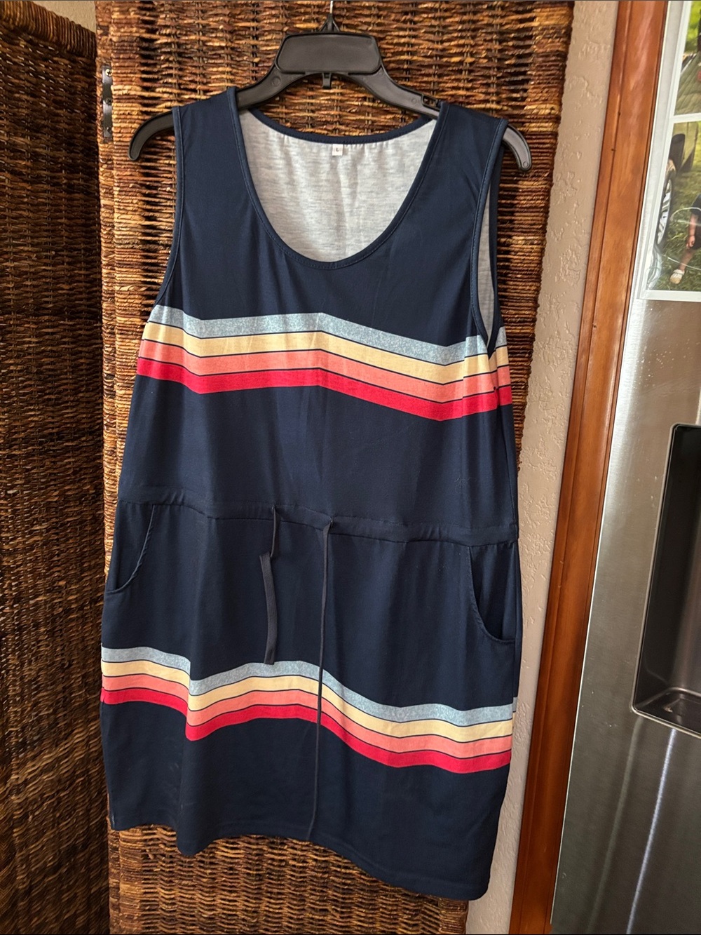 Navy Sleeveless Stripe Drawstring Dress